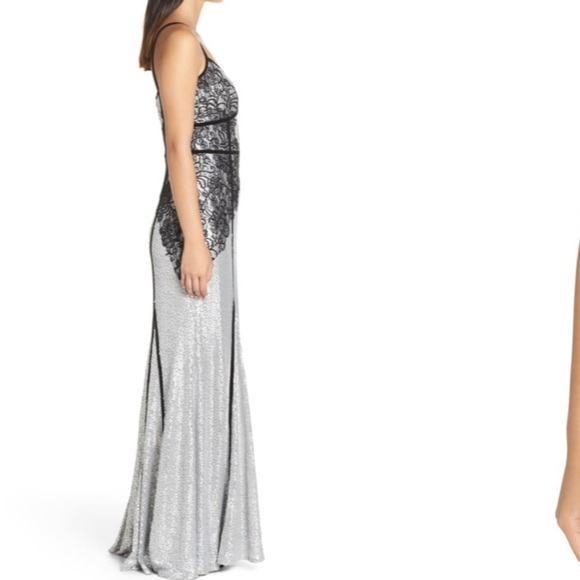 Tadashi Shoji Metallic Sequin & Lace Gown 14 - Picture 3 of 8